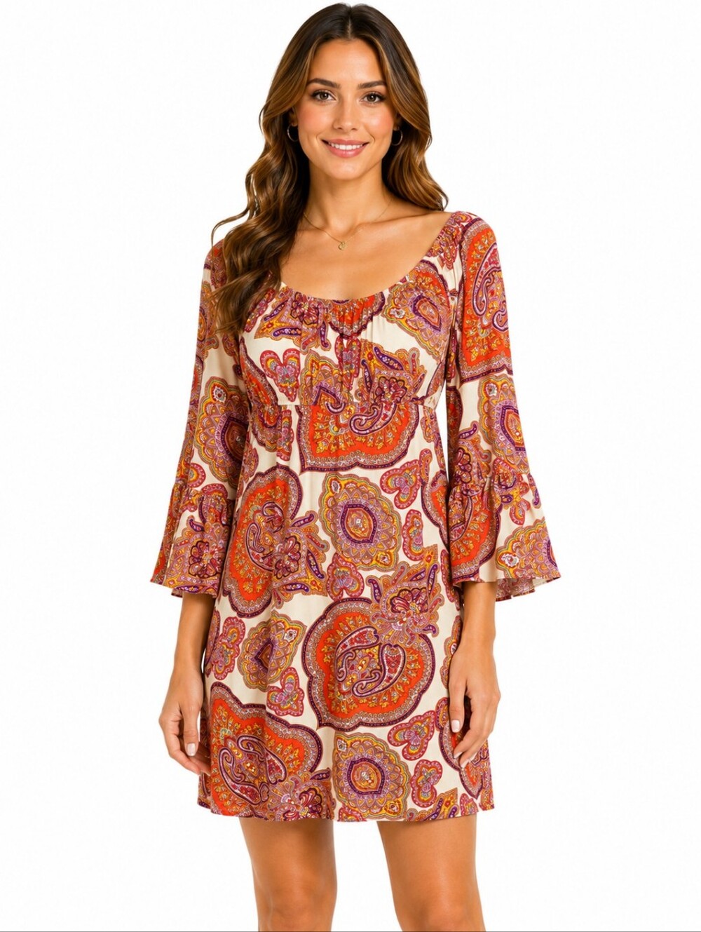 Voom by Joy Han Paisley Boho Tunic Dress Small Bell Sleeve